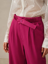 Anewsta Ladies Pleated Straight Leg Woven Trousers In Pink With Splice Details, Belt And Casual Elastic Waist